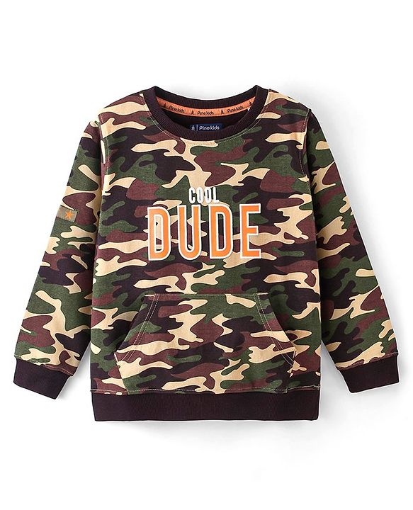 Pine Kids Full Sleeves Biowashed Sweatshirt Camouflage Print - Green & Brown