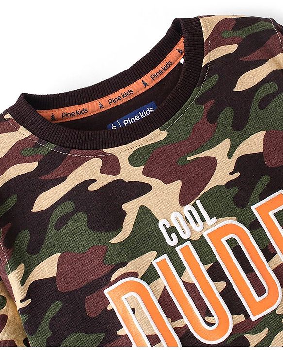 Pine Kids Full Sleeves Biowashed Sweatshirt Camouflage Print - Green & Brown