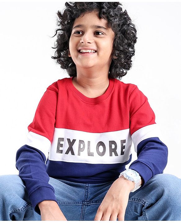 Pine Kids Cotton Knit Full Sleeves Biowashed Sweatshirt Explore Print - Red White & Blue