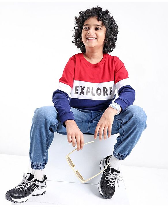 Pine Kids Cotton Knit Full Sleeves Biowashed Sweatshirt Explore Print - Red White & Blue