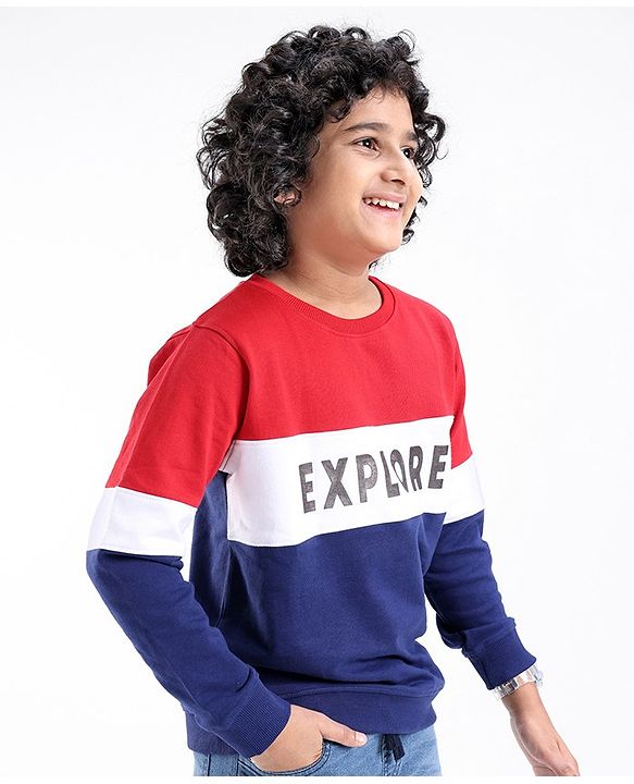Pine Kids Cotton Knit Full Sleeves Biowashed Sweatshirt Explore Print - Red White & Blue