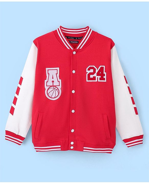 Pine Kids Cotton Knit Full Sleeves Bomber Jacket with Applique - High Risk Red