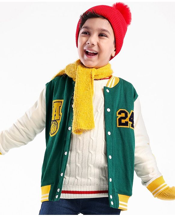 Pine Kids Cotton Knit Full Sleeves Text Applique Bomber Jacket - Green & White