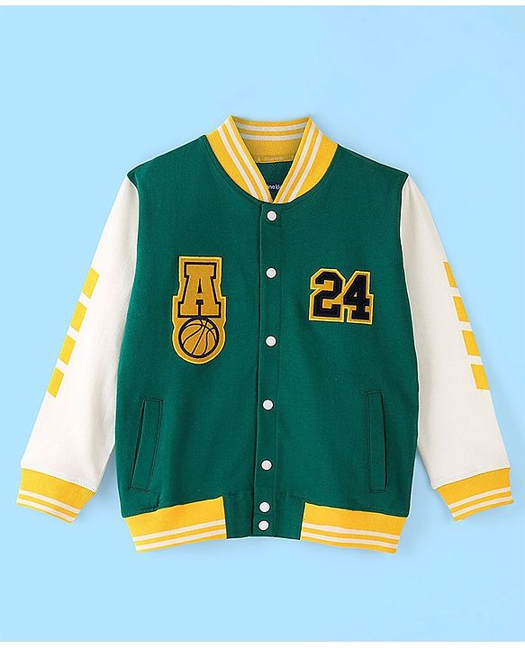 Pine Kids Cotton Knit Full Sleeves Text Applique Bomber Jacket - Green & White