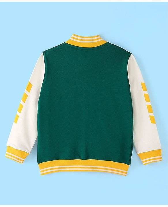 Pine Kids Cotton Knit Full Sleeves Text Applique Bomber Jacket - Green & White