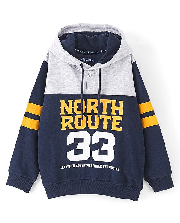 Pine Kids Cotton Full Sleeves Hooded Biowashed Sweatshirt Text Print- Navy Blue