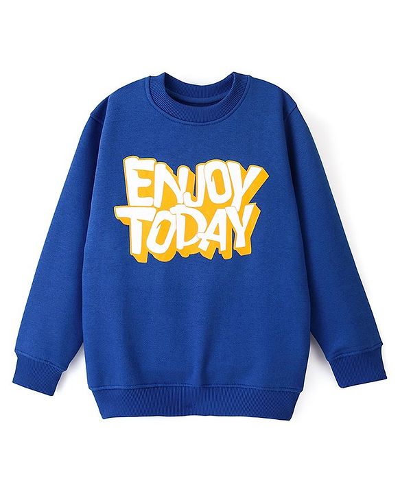 Pine Kids Cotton Knit Full Sleeves Basic Round Neck Bio Washed Text Printed Sweatshirt - Blue