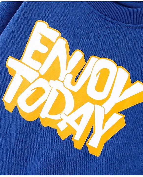 Pine Kids Cotton Knit Full Sleeves Basic Round Neck Bio Washed Text Printed Sweatshirt - Blue