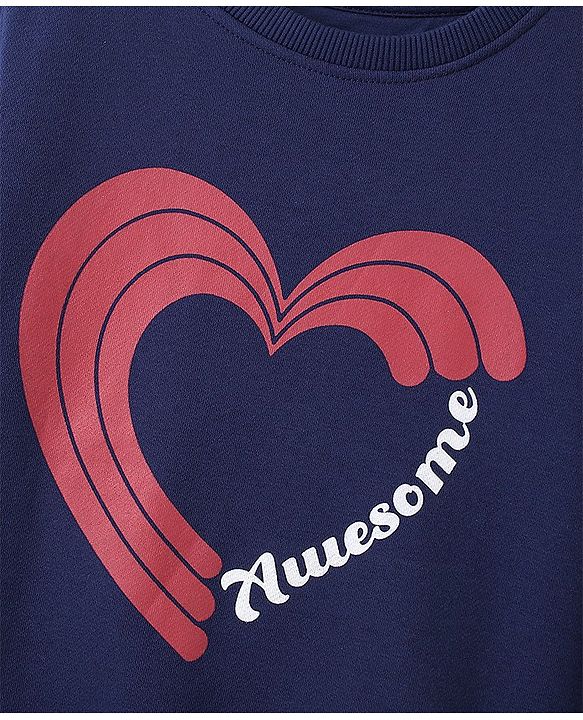 Pinekids Full Sleeve Round Neck Biowashed Sweatshirts with Heart Print - Navy Peony