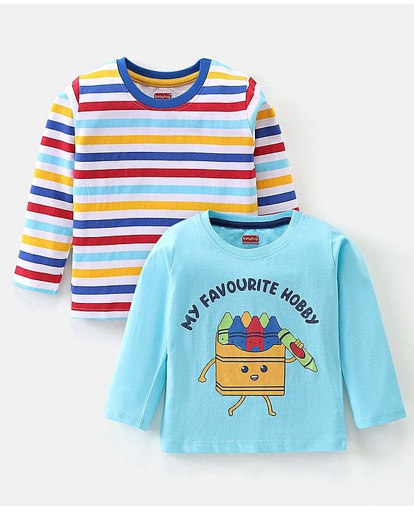 Babyhug Cotton Full Sleeves T-Shirt Stripes & Crayons Print Pack of 2- Blue Red & Yellow