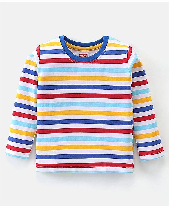 Babyhug Cotton Full Sleeves T-Shirt Stripes & Crayons Print Pack of 2- Blue Red & Yellow