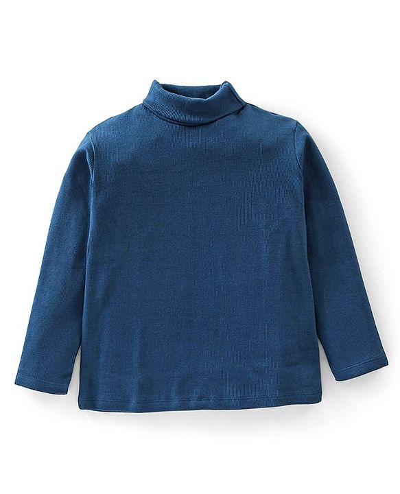 Babyhug Cotton Knit Lycra Solid Colour Ribbed Turtle Neck T-Shirt - Navy Blue