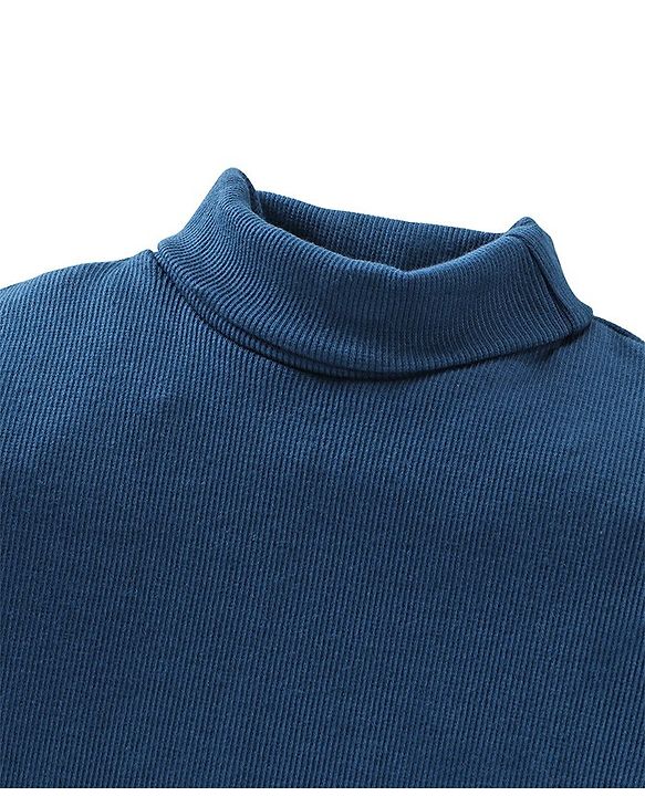Babyhug Cotton Knit Lycra Solid Colour Ribbed Turtle Neck T-Shirt - Navy Blue