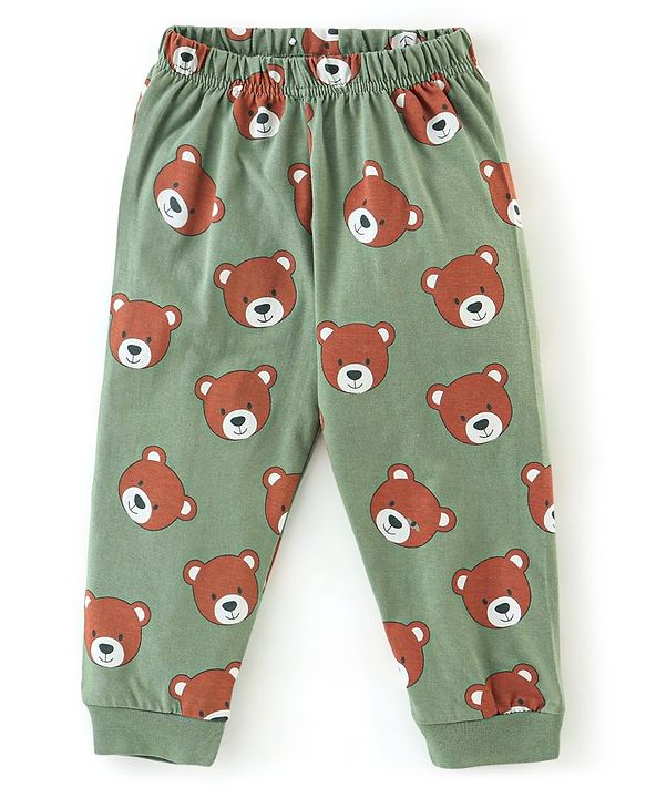 Babyhug Cotton Knit Full Sleeves Night Suit Bear Print - Green