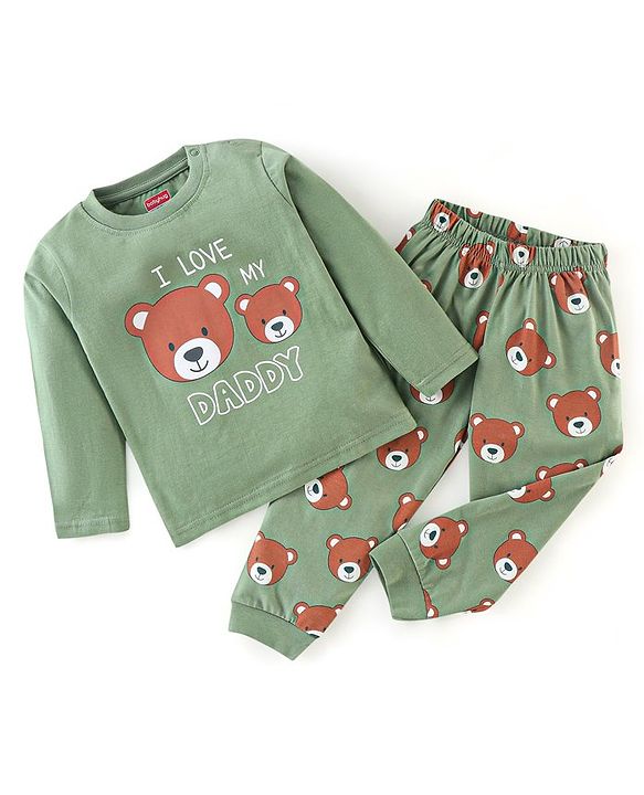 Babyhug Cotton Knit Full Sleeves Night Suit Bear Print - Green