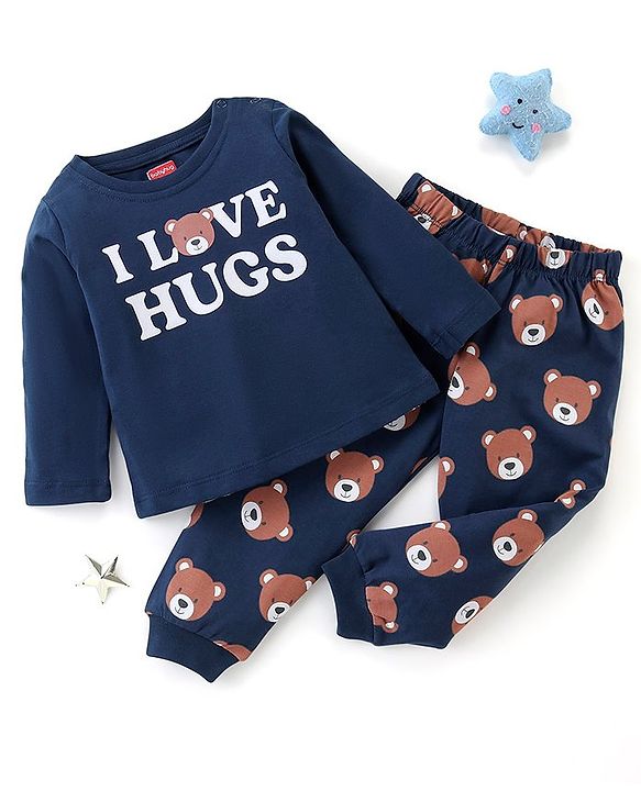Babyhug Full Sleeves Cotton Night Suit Bear Print- Blue