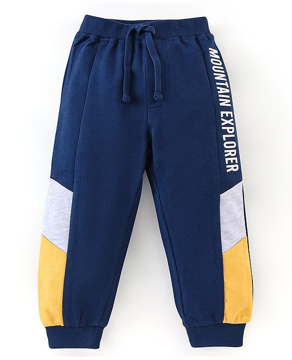 Babyhug Cotton Knit Full Sleeves T-Shirt & Lounge Pant Set Text Print - Blue Yellow & Grey