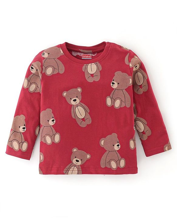Babyhug Cotton Knit Full Sleeves Night Suit Bear Print - Red & Maroon