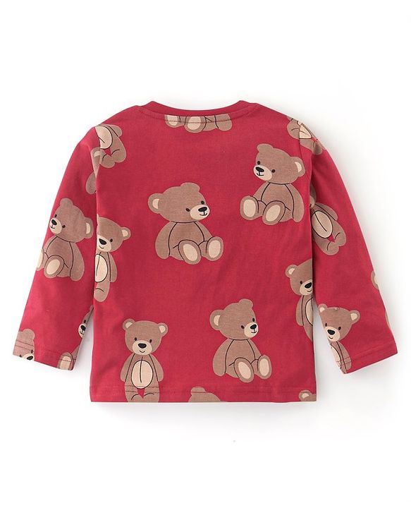 Babyhug Cotton Knit Full Sleeves Night Suit Bear Print - Red & Maroon