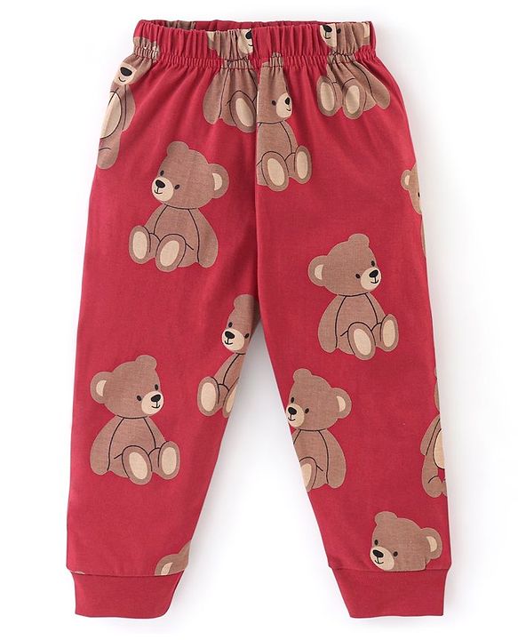 Babyhug Cotton Knit Full Sleeves Night Suit Bear Print - Red & Maroon