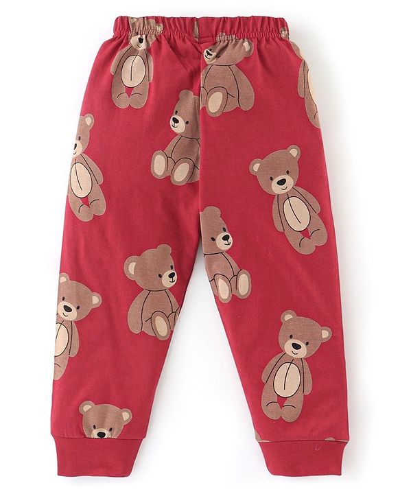 Babyhug Cotton Knit Full Sleeves Night Suit Bear Print - Red & Maroon
