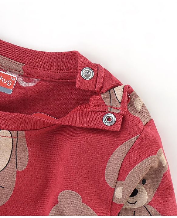 Babyhug Cotton Knit Full Sleeves Night Suit Bear Print - Red & Maroon