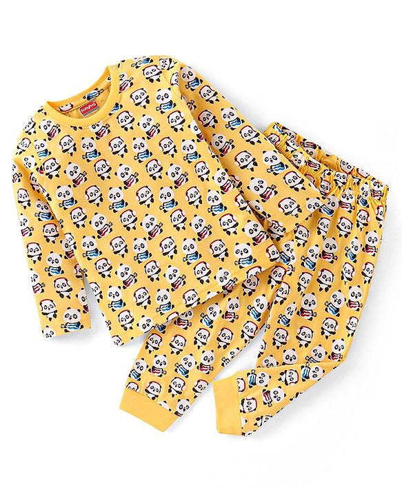 Babyhug Single Jersey Full Sleeves Night Suit Panda Print - Yellow