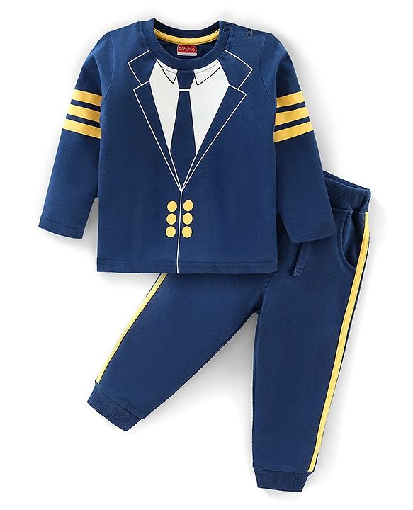Babyhug Cotton Knit Full Sleeves T-Shirt & Lounge Pant Set Coat Print- Navy Blue