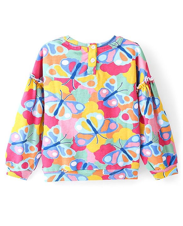 Babyhug Cotton Full Sleeves Balloon Sleeves Sweatshirt With Butterfly Print & Frill Detailing - Multicolour