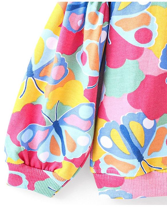 Babyhug Cotton Full Sleeves Balloon Sleeves Sweatshirt With Butterfly Print & Frill Detailing - Multicolour