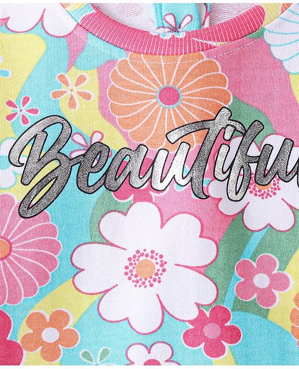 Babyhug Cotton Knit Balloon Sleeves Sweatshirt With Floral Print & Frill Detailing - Multicolour