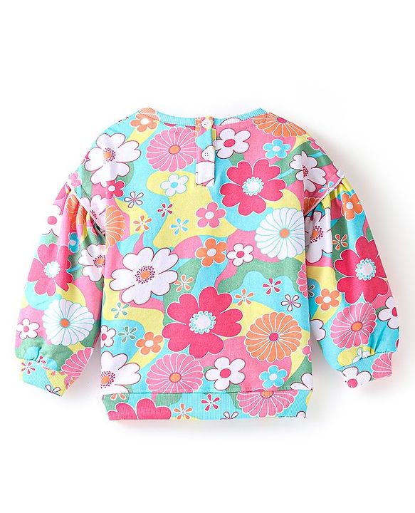 Babyhug Cotton Knit Balloon Sleeves Sweatshirt With Floral Print & Frill Detailing - Multicolour