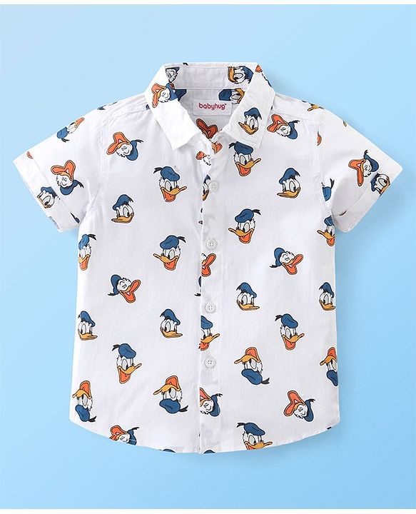 Babyhug Cotton Woven Half Sleeves Regular Collar Shirt Donald Duck Print- White
