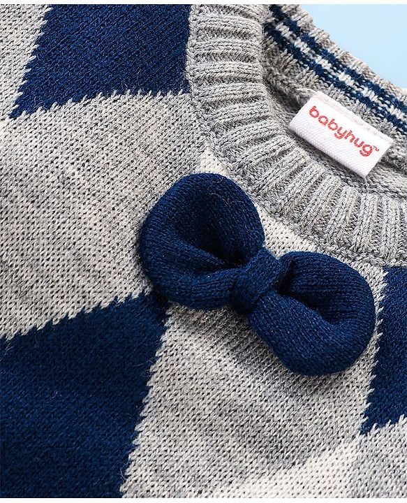 Babyhug Knit Full Sleeves Sweater With Checks Design & Bow Applique  - Grey