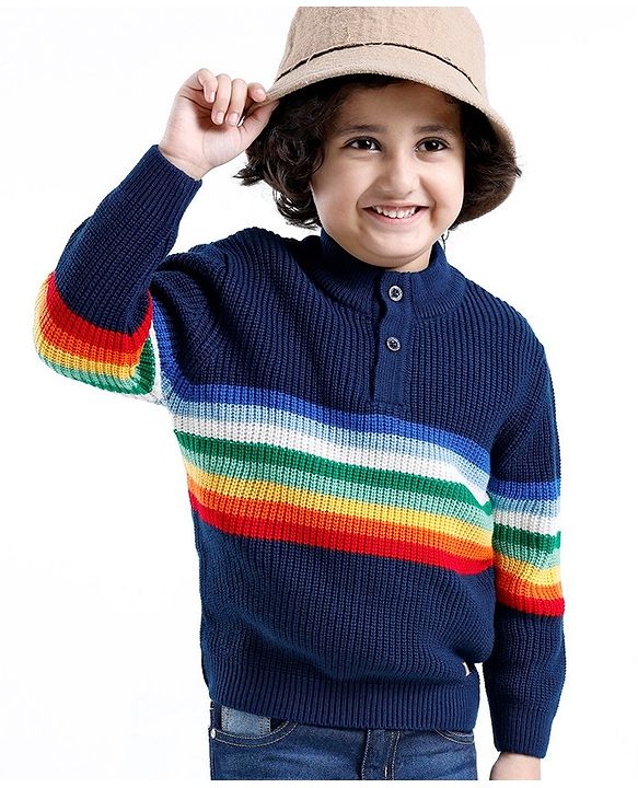 Babyhug Knit Full Sleeves Sweater With Striped - Navy Blue