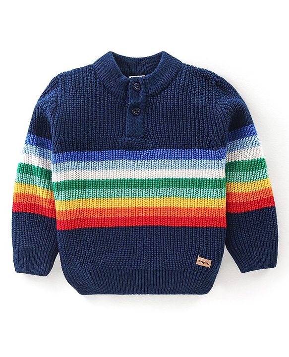 Babyhug Knit Full Sleeves Sweater With Striped - Navy Blue