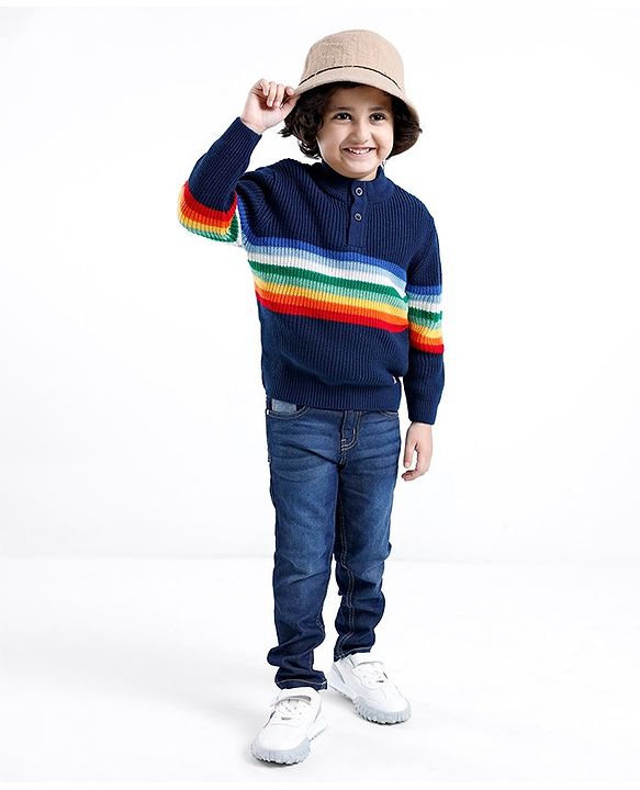 Babyhug Knit Full Sleeves Sweater With Striped - Navy Blue