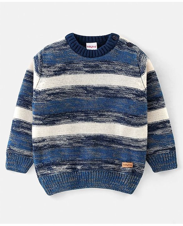 Babyhug Knit Full Sleeves Sweater with Striped Design - Blue
