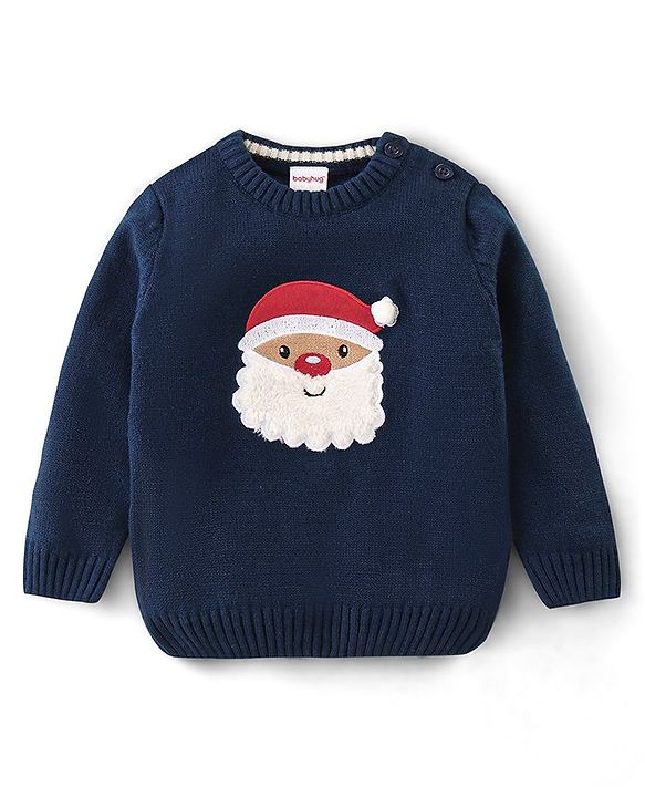 Babyhug Full Sleeves Sweater Santa Embroidery- Navy Blue