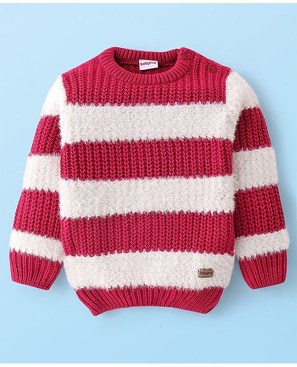Babyhug Knit Full Sleeves Pullover Sweater Striped - White & Fuschia
