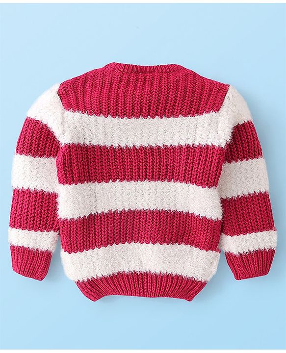 Babyhug Knit Full Sleeves Pullover Sweater Striped - White & Fuschia