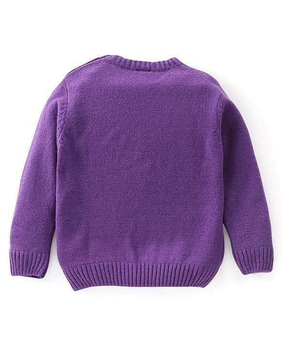Babyhug Knit Full Sleeves Sweater Pullover with Floral Embroidery -Purple