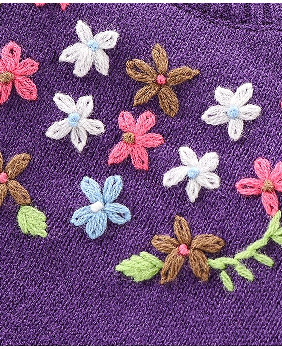 Babyhug Knit Full Sleeves Sweater Pullover with Floral Embroidery -Purple
