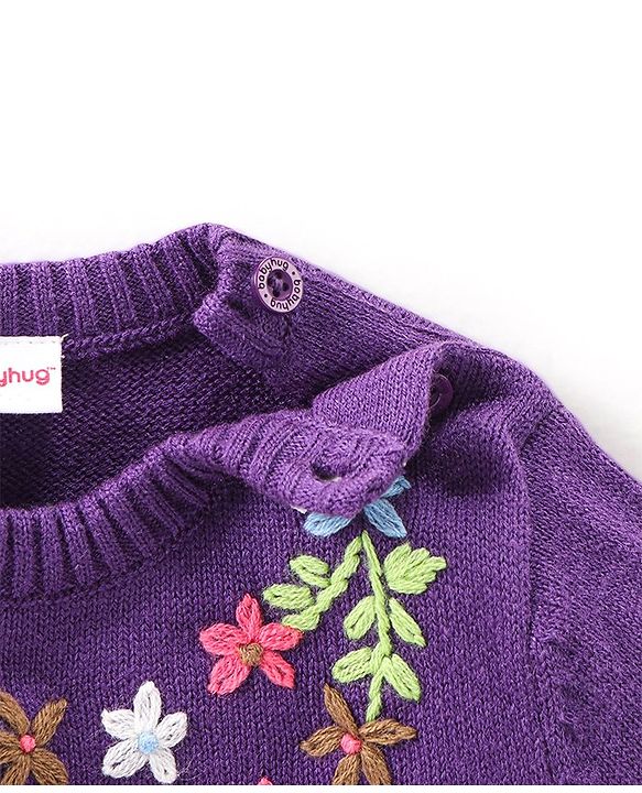 Babyhug Knit Full Sleeves Sweater Pullover with Floral Embroidery -Purple