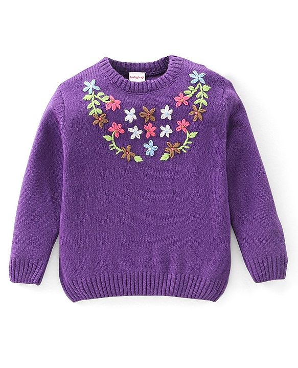 Babyhug Knit Full Sleeves Sweater Pullover with Floral Embroidery -Purple