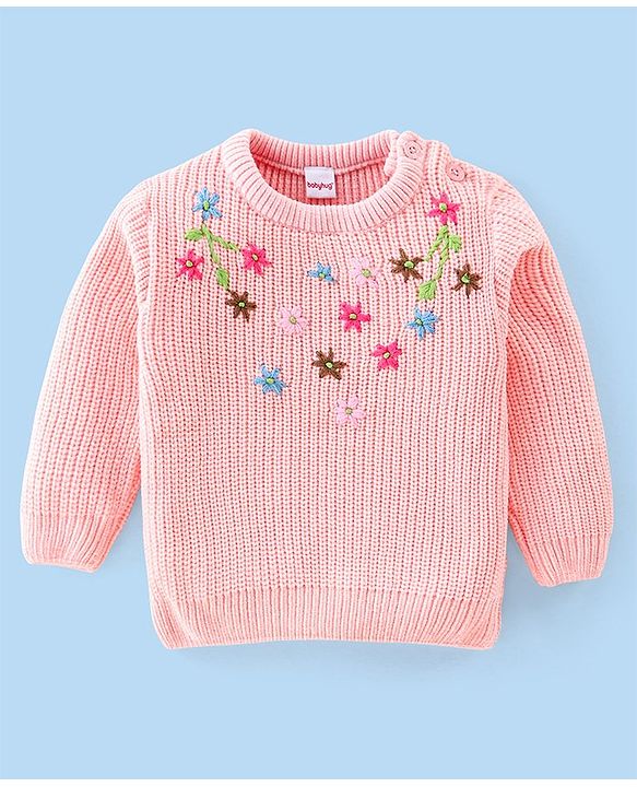 Babyhug Knitted Full Sleeves Sweater With Floral Embroidery - Peach