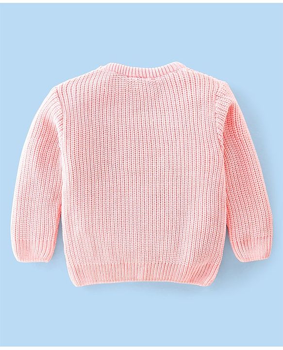 Babyhug Knitted Full Sleeves Sweater With Floral Embroidery - Peach