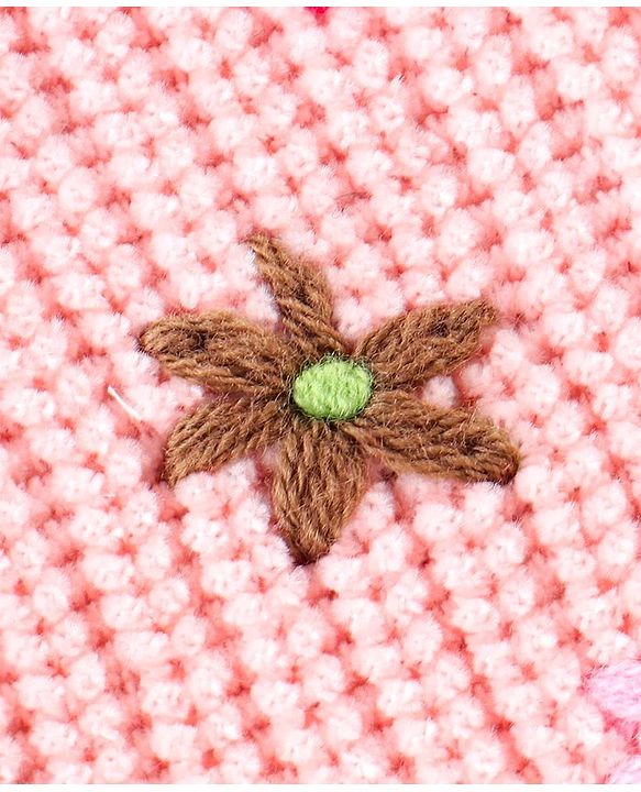 Babyhug Knitted Full Sleeves Sweater With Floral Embroidery - Peach