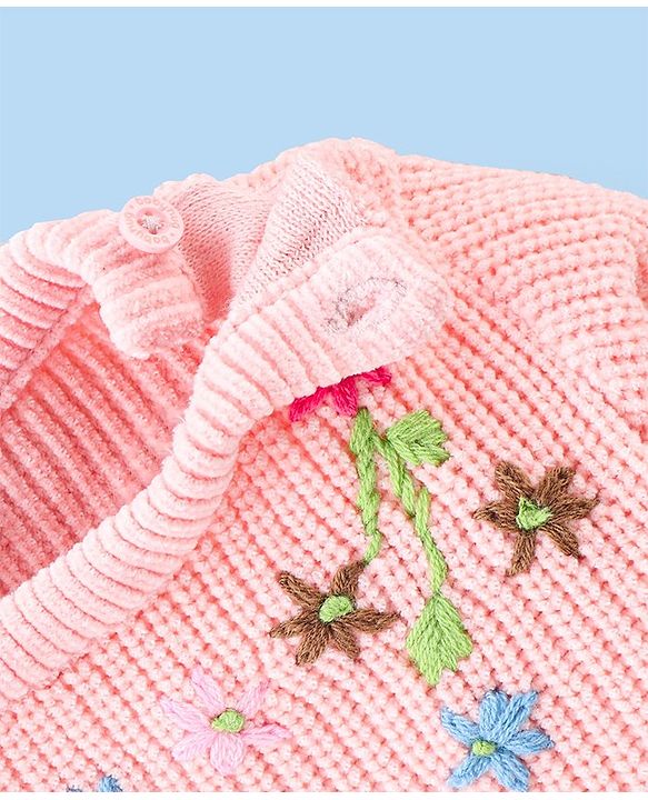 Babyhug Knitted Full Sleeves Sweater With Floral Embroidery - Peach