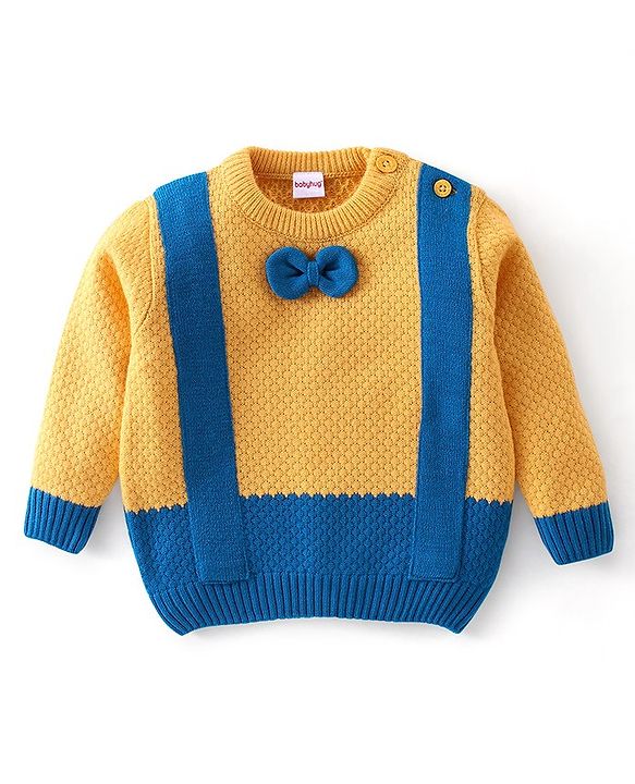 Babyhug Full Sleeves Sweater With Bow Applique- Navy Blue & Yellow